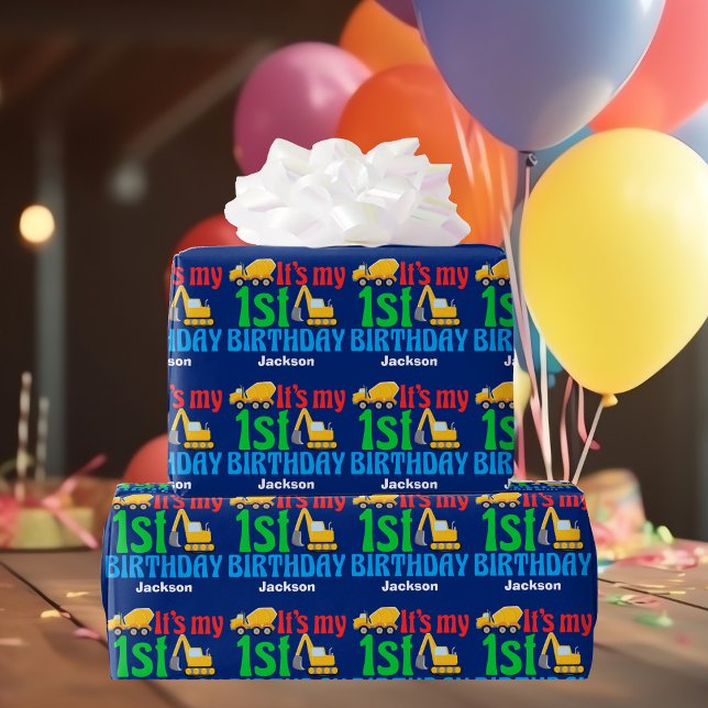 1st Birthday Boy Construction Vehicle Custom Blue Wrapping Paper (Creator Uploaded)