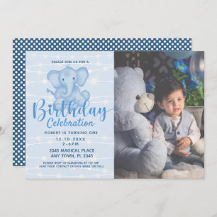 1st Birthday Boy Cute Elephant String Lights Invitation