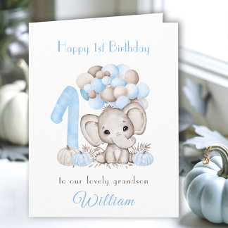 1st Birthday Boy Fall Pumpkin Elephant Balloons Card