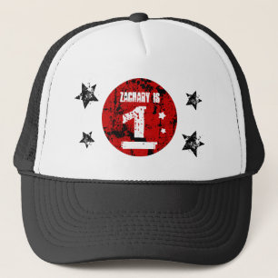 1st Birthday Boy Grunge Style Red Black A01 Trucker Hat