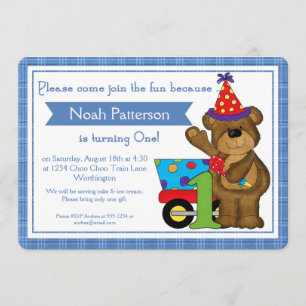 1st Birthday Boy Invitations Teddy Bear Train d1