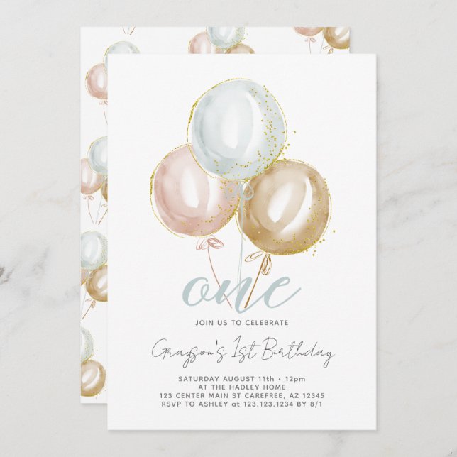 1st Birthday Boy One Balloons Invitation (Front/Back)