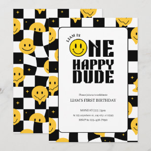 1st birthday boy One happy dude happy emoji  Invitation