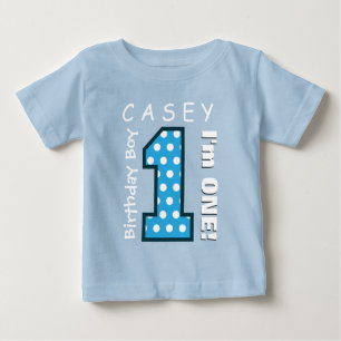 1st Birthday Boy One Year Blue Polka Dots V01G Baby T-Shirt