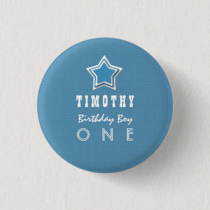 1st Birthday Boy One Year Old Blue White Star D03 3 Cm Round Badge