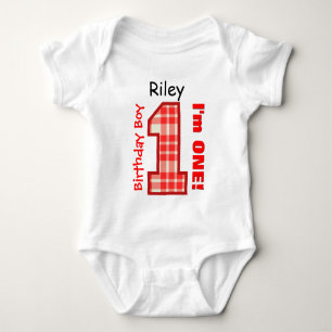 1st Birthday Boy PLAID 1 Year Custom Name V10 Baby Bodysuit