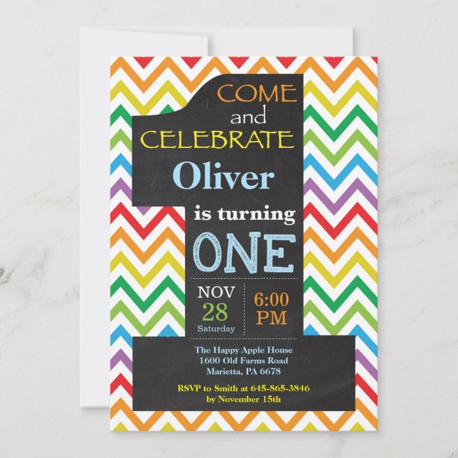 1st Birthday Boy Rainbow Chalkboard Invitation (Front)