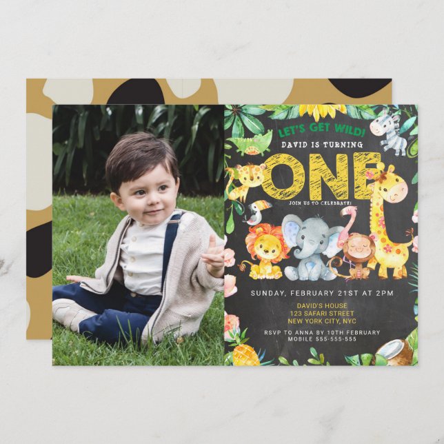 1st Birthday Boy Safari Chalkboard Jungle Picture Invitation (Front/Back)