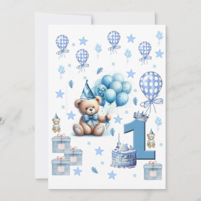 1st. Birthday Boy Teddy Bear Blue Invitation (Front)