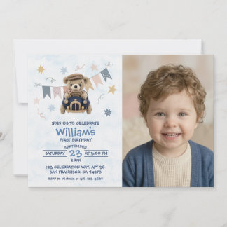 1st Birthday Boy Watercolor Crochet Car Invitation