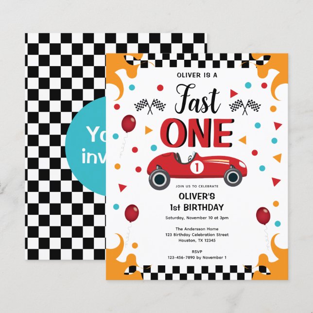 1st Birthday Boy's Racing Car Party Invitation (Front/Back)