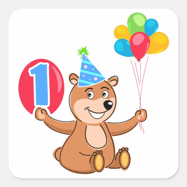 1st Birthday Brown Bear Balloons Square Sticker (Front)