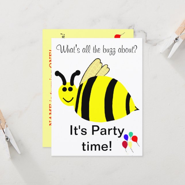 1st Birthday Bumble Bee Balloons Invitation (Front/Back In Situ)