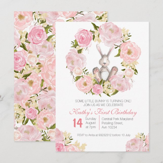 1st Birthday bunny girl Invitation Card (Front/Back)