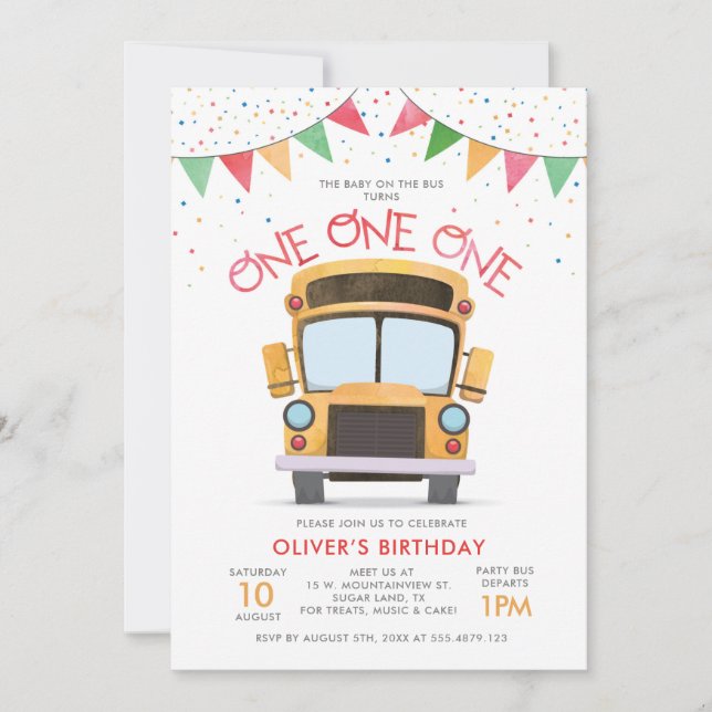 1st Birthday Bus Party Invitation (Front)