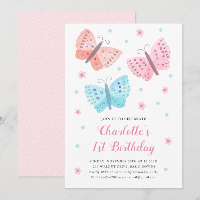 1st Birthday Butterfly Flowers Watercolor Pink Invitation (Front/Back)