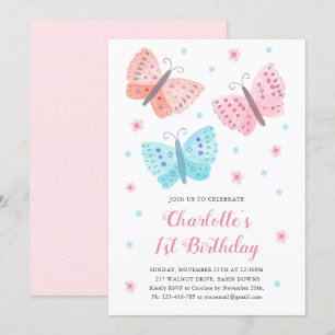 1st Birthday Butterfly Flowers Watercolor Pink Invitation