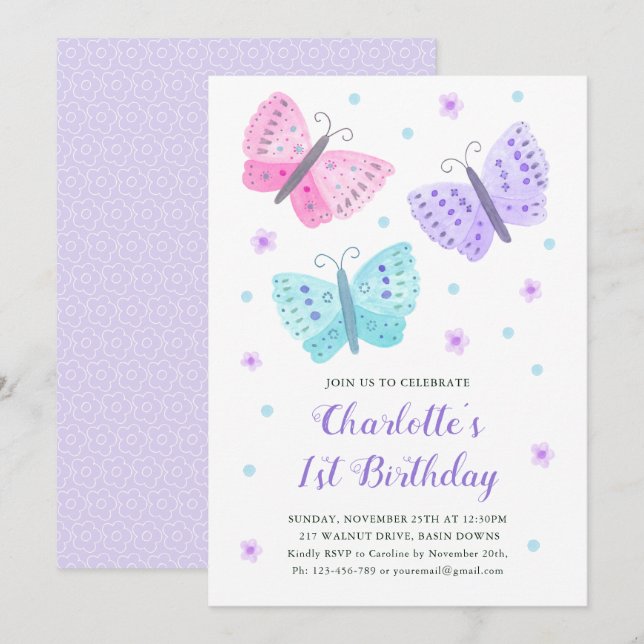 1st Birthday Butterfly Flowers Watercolor Purple Invitation (Front/Back)
