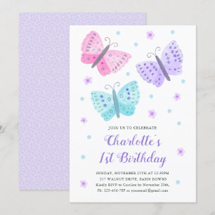 1st Birthday Butterfly Flowers Watercolor Purple Invitation