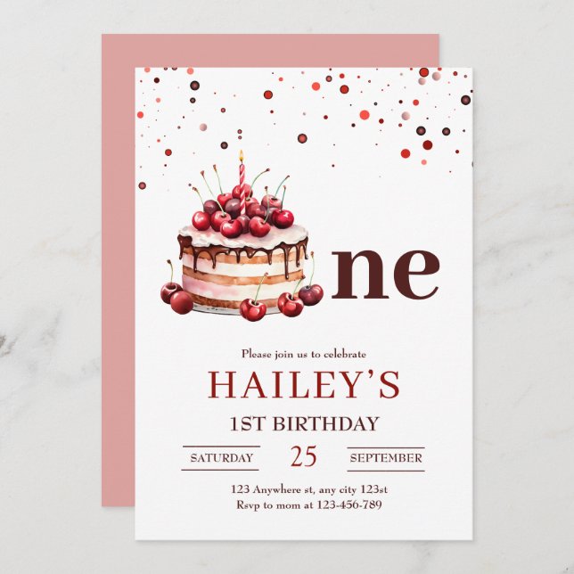 1st Birthday Cake Invitation, Girl 1st Birthday Invitation (Front/Back)