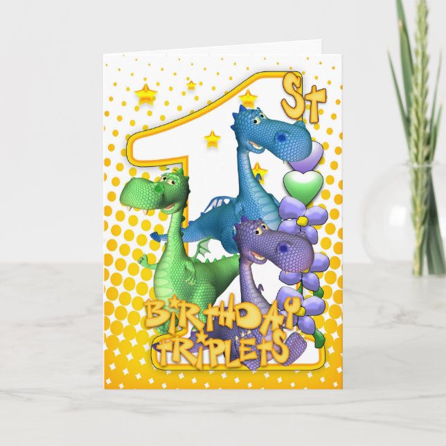 1st Birthday Card For Triplets With Three Cute Dra (Front)