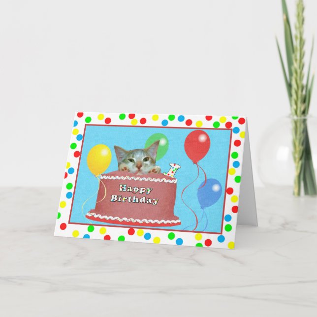 1st Birthday Card with Cat on a Cake (Front)