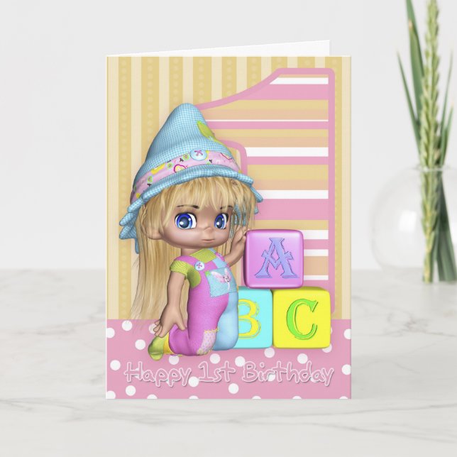 1st Birthday Card With Cute Little Girl And Blocks (Front)