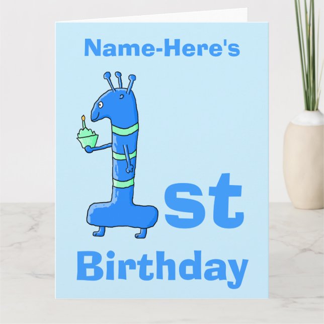 1st birthday cartoon, in blue. Custom Name. Card (Front)