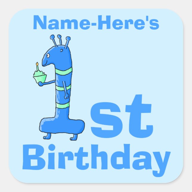 1st birthday cartoon, in blue. Custom Name. Square Sticker (Front)