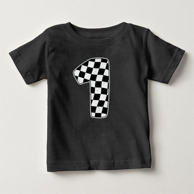 1st Birthday Chequered Number 1 Car Racing Flag Baby T-Shirt (Front)