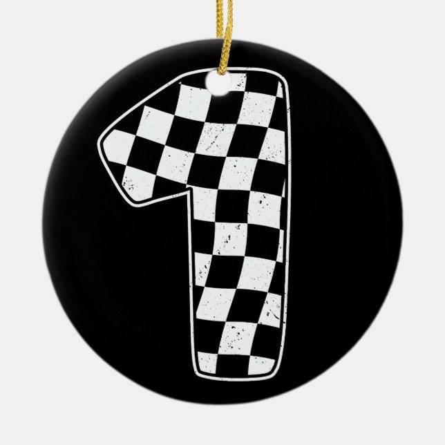 1st Birthday Chequered Number 1 Car Racing Flag Ceramic Tree Decoration (Front)