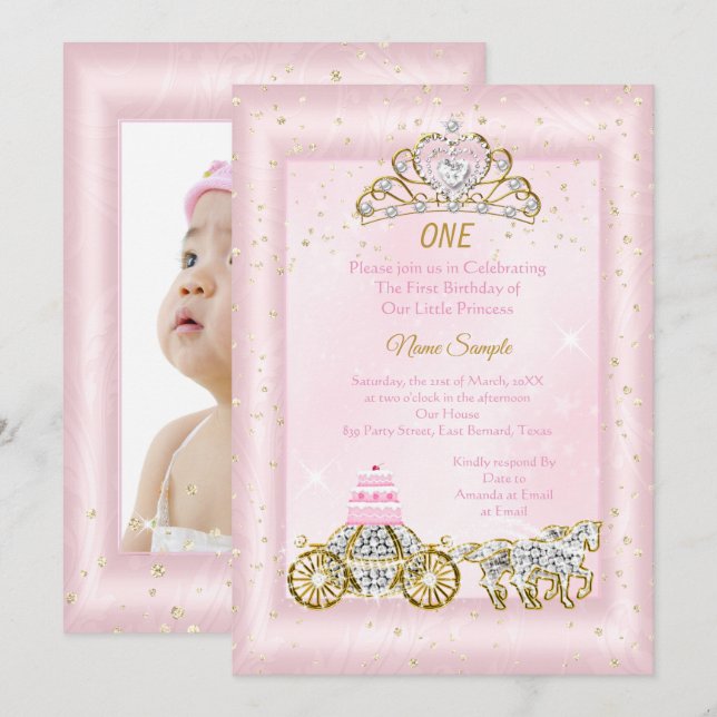 1st birthday Cinderella Blush Pink Carriage Invitation (Front/Back)