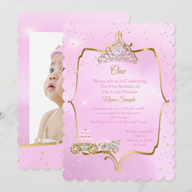 1st birthday Cinderella Pink Carriage Cake Invitation (Front/Back)