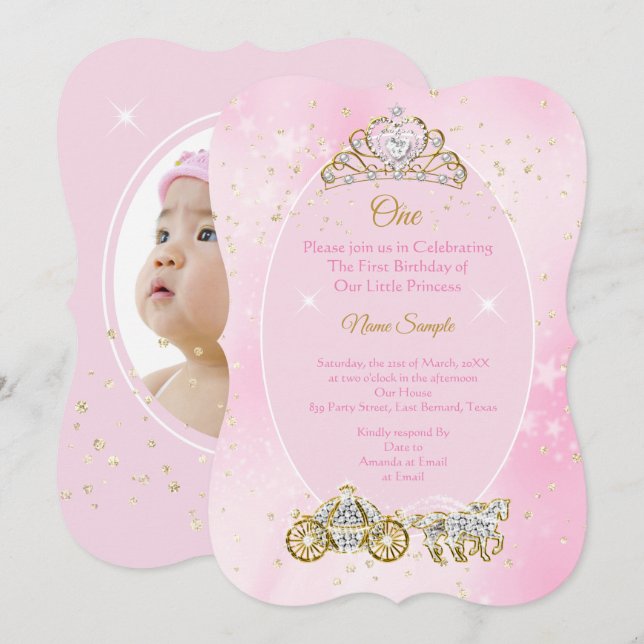 1st birthday Cinderella Pink Carriage Photo Invitation (Front/Back)