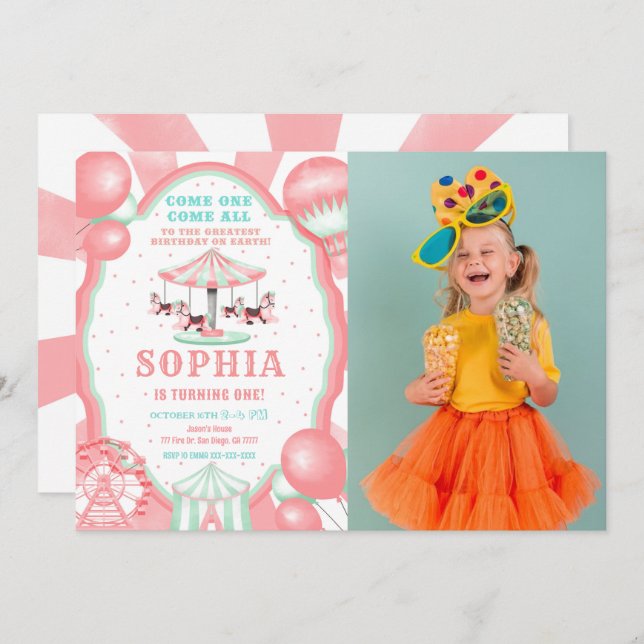 1st Birthday Circus Photo Invitation (Front/Back)