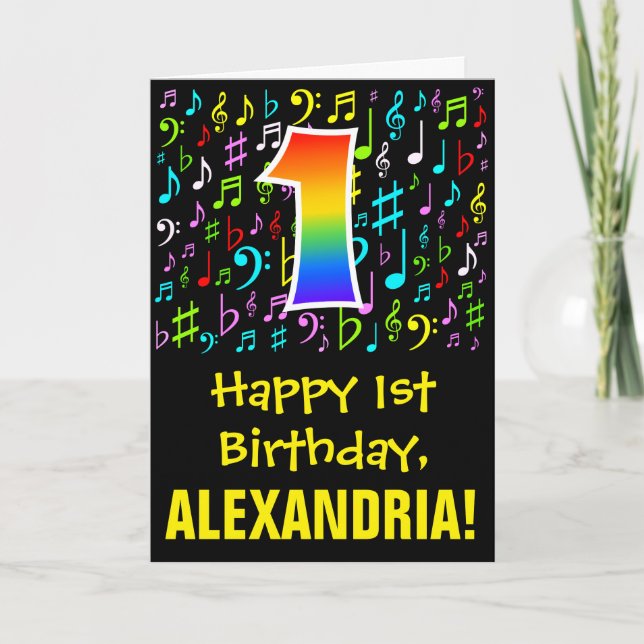 1st Birthday: Colorful Music Symbols + Rainbow 1 Card (Front)