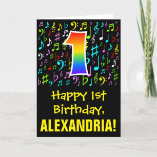 1st Birthday: Colorful Music Symbols + Rainbow 1 Card
