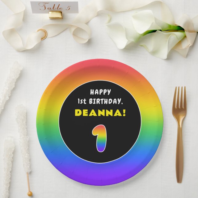 1st Birthday: Colorful Rainbow # 1, Custom Name Paper Plate (Wedding)