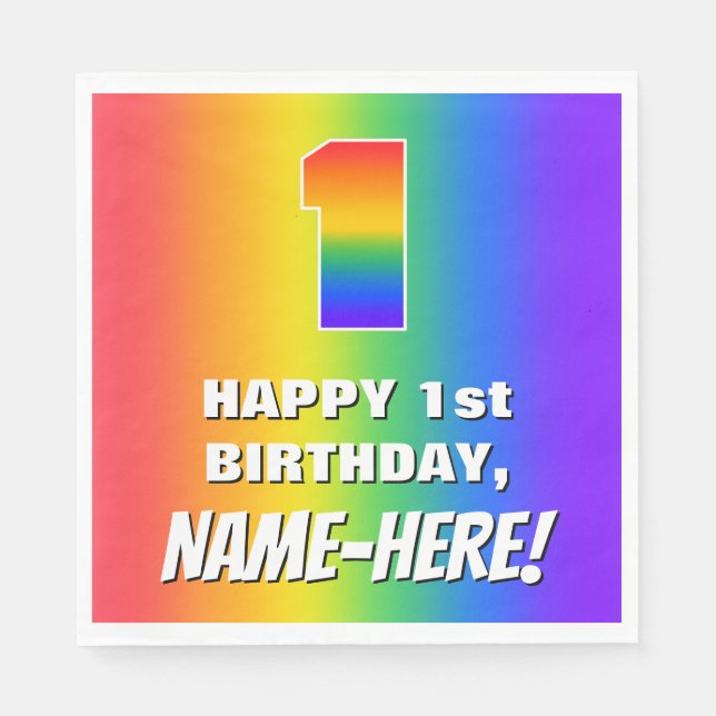 1st Birthday: Colourful, Fun Rainbow Pattern # 1 Napkin (Front)