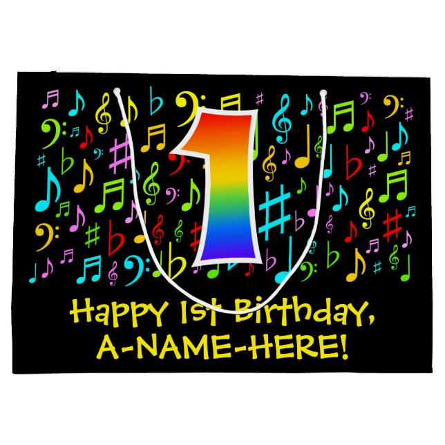 1st Birthday - Colourful Music Symbols, Rainbow 1 Large Gift Bag (Back)