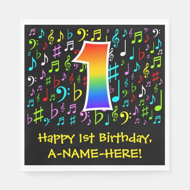 1st Birthday - Colourful Music Symbols, Rainbow 1 Napkin (Front)