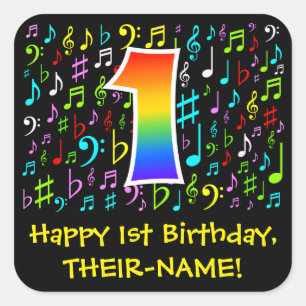 1st Birthday: Colourful Music Symbols, Rainbow 1 Square Sticker