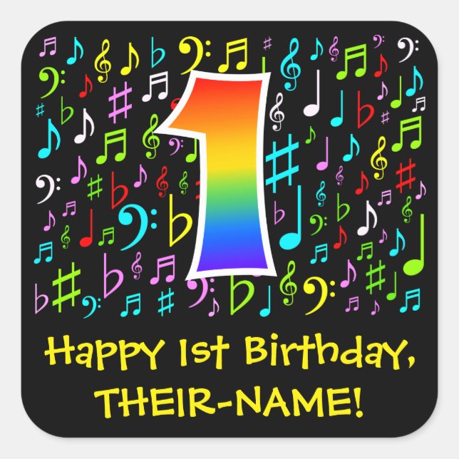 1st Birthday: Colourful Music Symbols, Rainbow 1 Square Sticker (Front)
