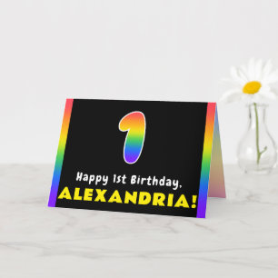 1st Birthday: Colourful Rainbow # 1, Custom Name Card