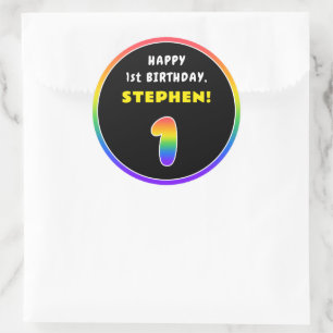 1st Birthday: Colourful Rainbow # 1, Custom Name Classic Round Sticker