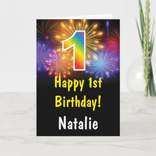 1st Birthday Colourful Rainbow Fireworks Card (Front)