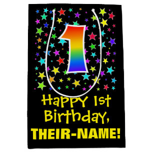 1st Birthday: Colourful Stars Pattern & Rainbow 1 Medium Gift Bag