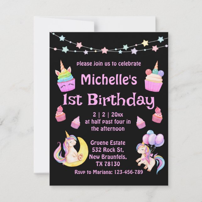 1st birthday colourful unicorns cupcakes black invitation (Front)