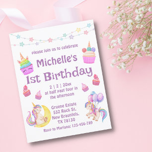 1st birthday colourful unicorns cupcakes purple  invitation