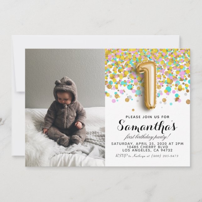 1st Birthday Confetti Portrait Invitation (Front)